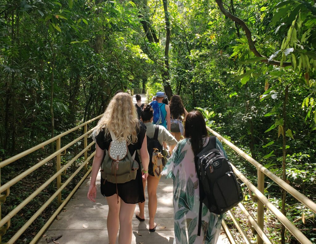 students in costa rica travel over a bridge