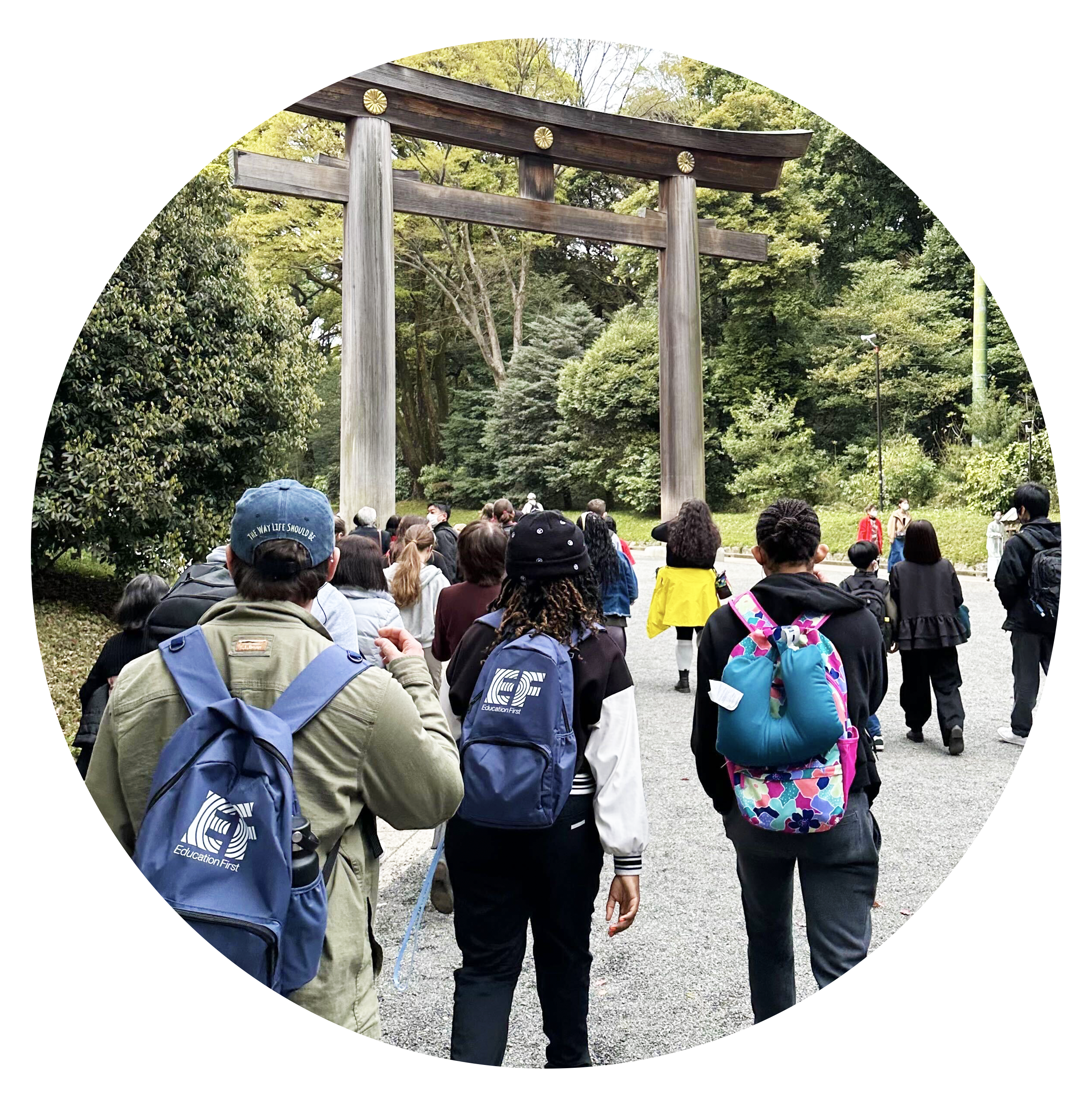 Students wearing EF's new sustainable travel bag while exploring Meiji Jingu Forest