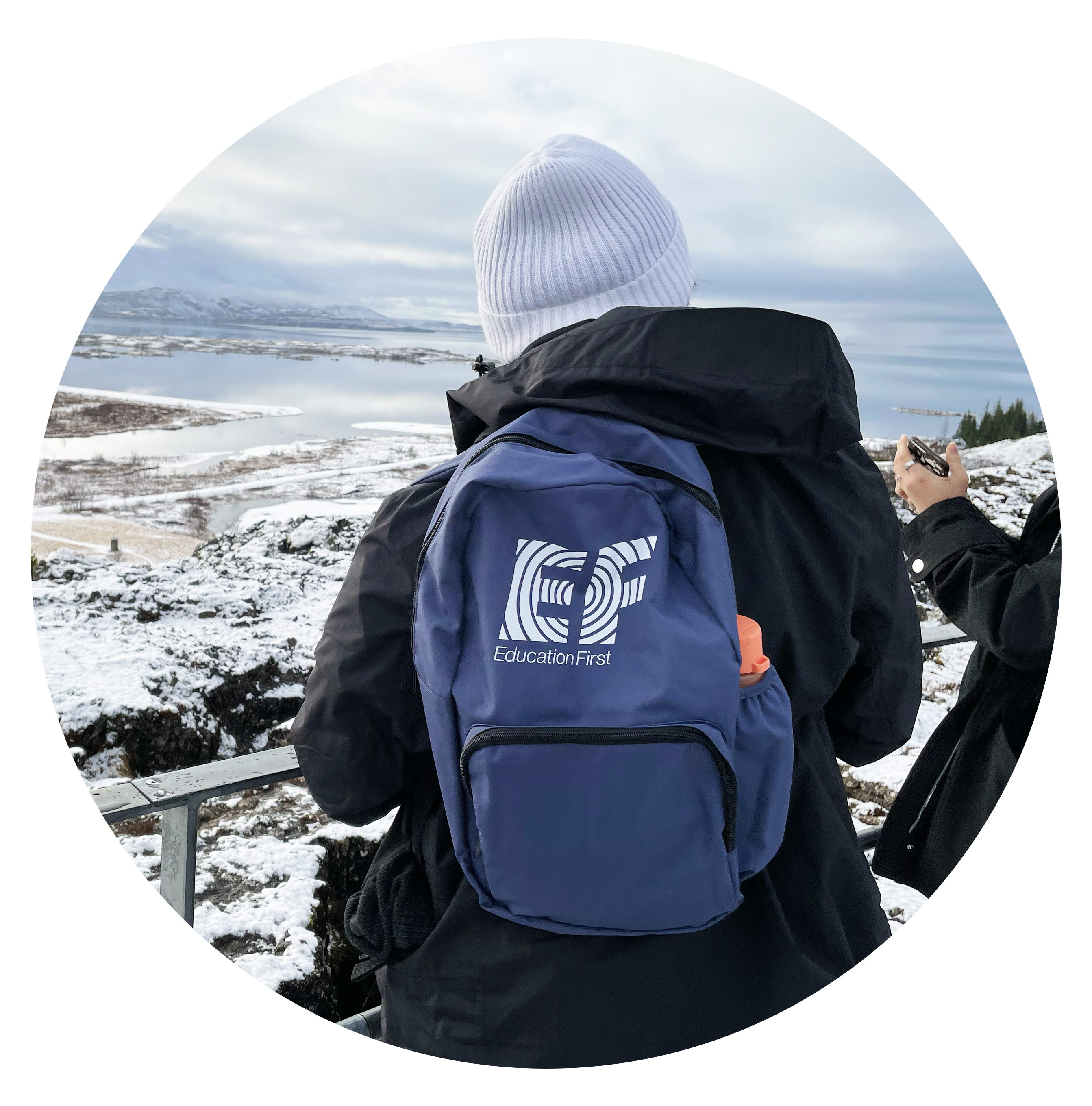 A close-up shot of EF's sustainable travel bag on a student in Iceland