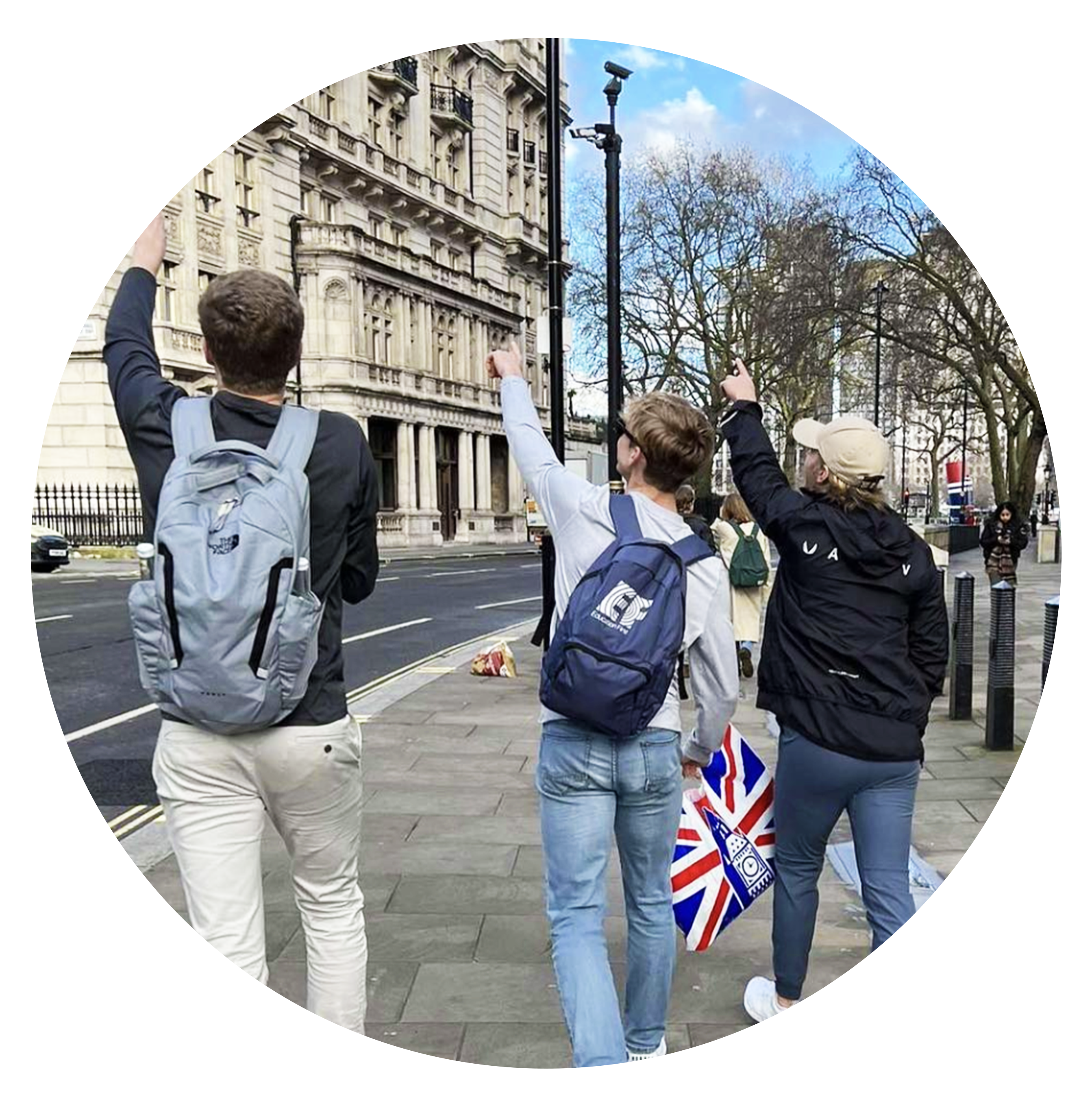 Student travelers sport EF's backpack, a sustainable travel bag, in London