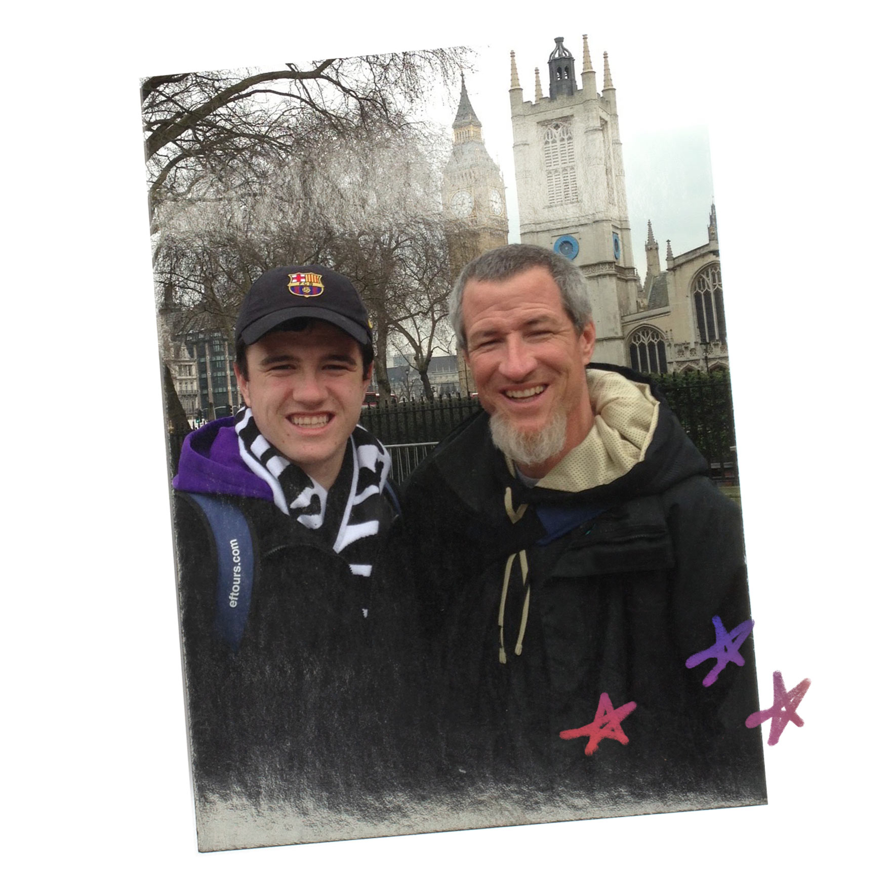 A high-school-aged Billy and Danny pose for a picture in London on an EF tour, Billy's first step toward appreciating cultures.
